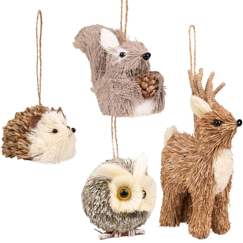 Woodland Critters Christmas Ornaments - 6" - Ivory and Brown - Set of 4