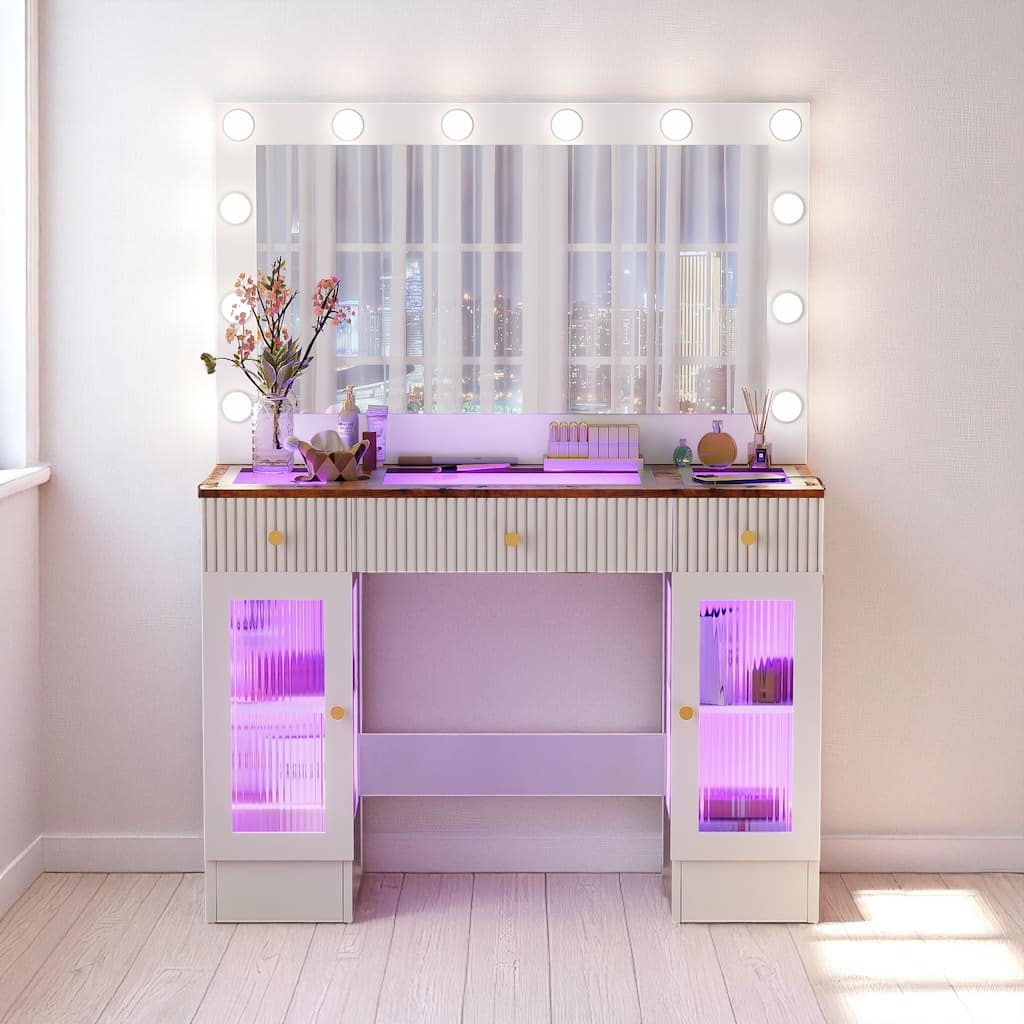 Modern Makeup Vanity with Glass Surface, Mirror, RGB Shelves, USB/Type-C Charging & 12 Bulbs