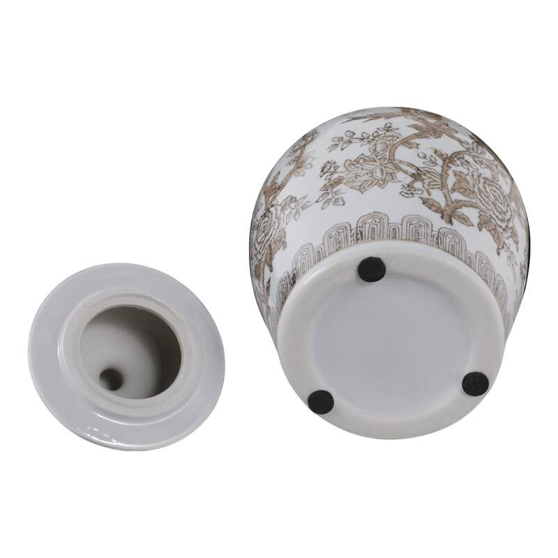 Stoneware Jar Chinoiserie Floral Bird Design Home Office - 12" Brown