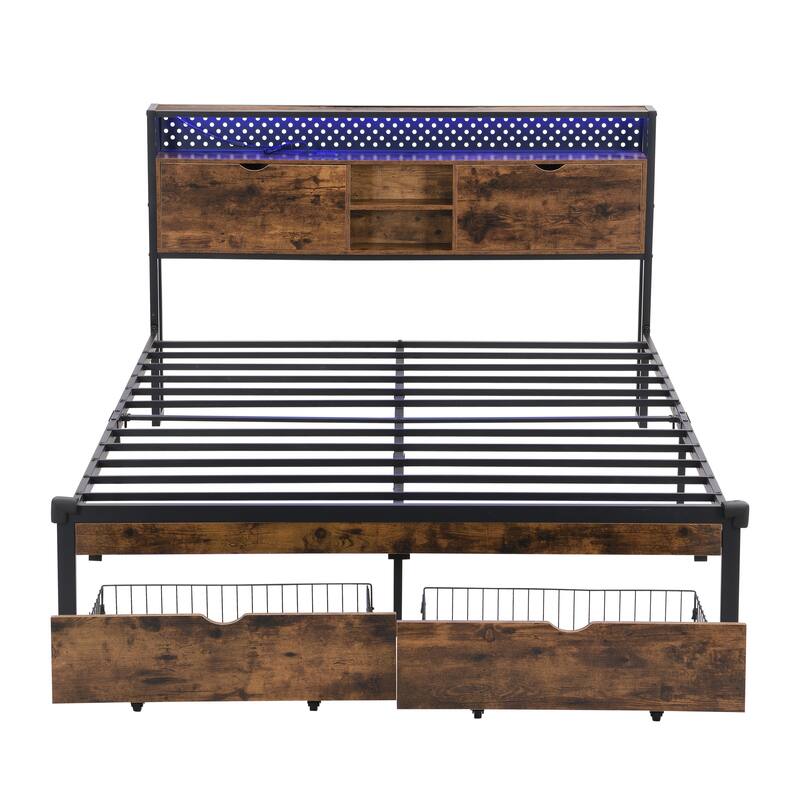 Modern Metal Platform Bed with Wooden Headboard, LED Lights, USB Charging & Under-Bed Storage