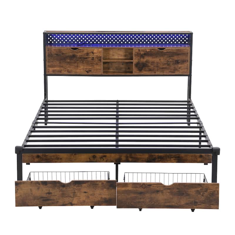 Modern Metal Platform Bed with Wooden Headboard,2 Drawers and LED Lights