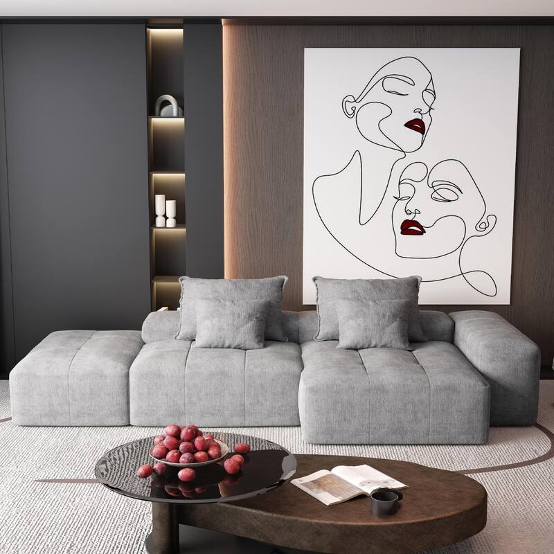 Oversized Modular Chenille Sectional Sofa with Ottoman, Chaise Lounge, 1 Armrest and 4 Pillows for Living Room