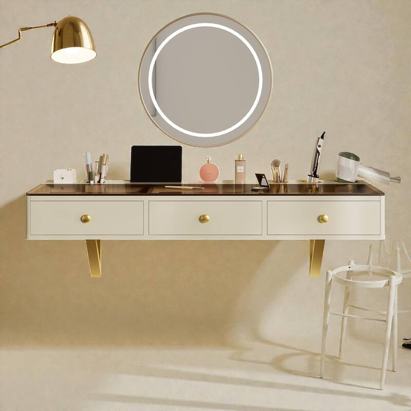 47'' Floating Vanity Shelf with Drawer, Wall-Mounted Makeup Desk, Space-Saving Floating Table for Bedroom & Bathroom - Beige