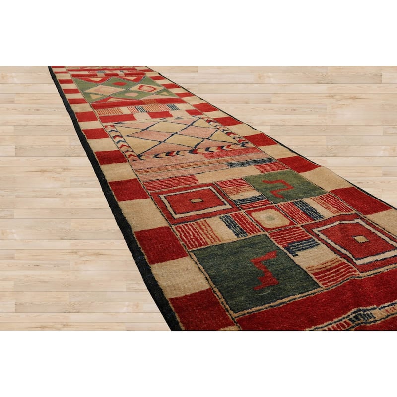 Hand Knotted Red, Green Tibetan Wool Modern Oriental Area Rug - 2' 7'' x 12' 3''