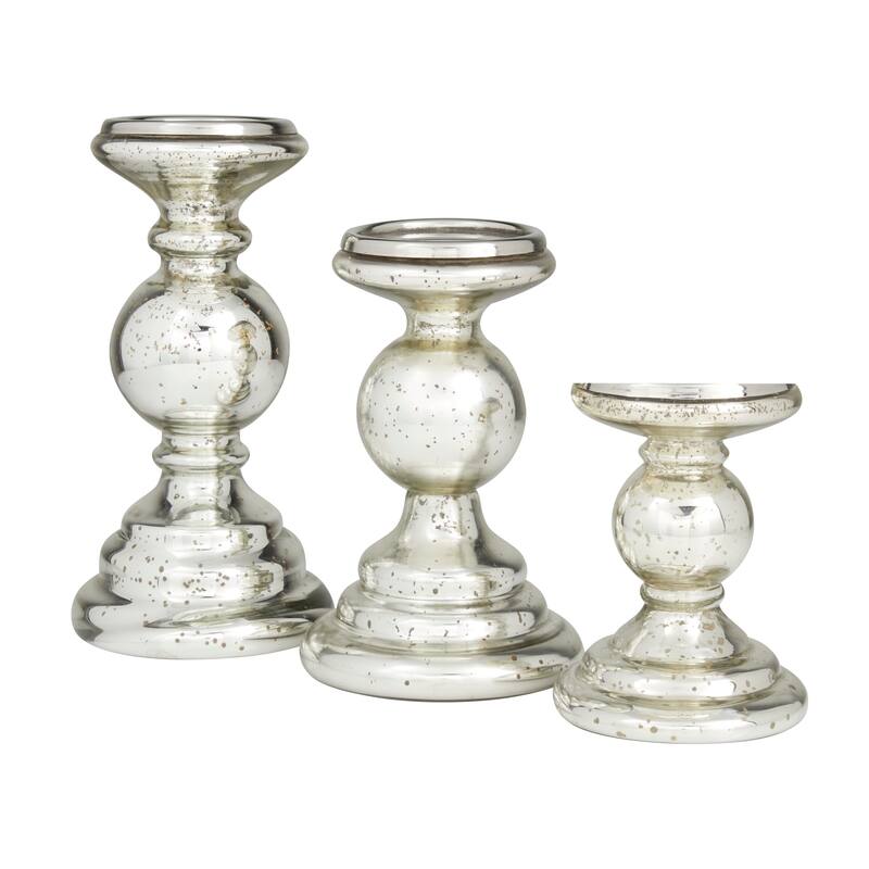 Glass Turned Style Pillar Candle Holder - Set of 3 Silver - Roche River Decor - 5"W x 5"L x 10"H