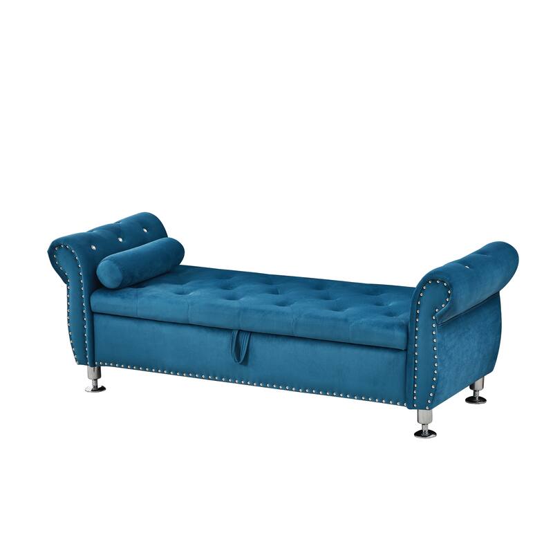 Velvet Storage Bench 62.2 Inch Upholstered Tufted Ottoman Bench with Rolled Arms, Large End of Bed Bench with Rivet Decoration