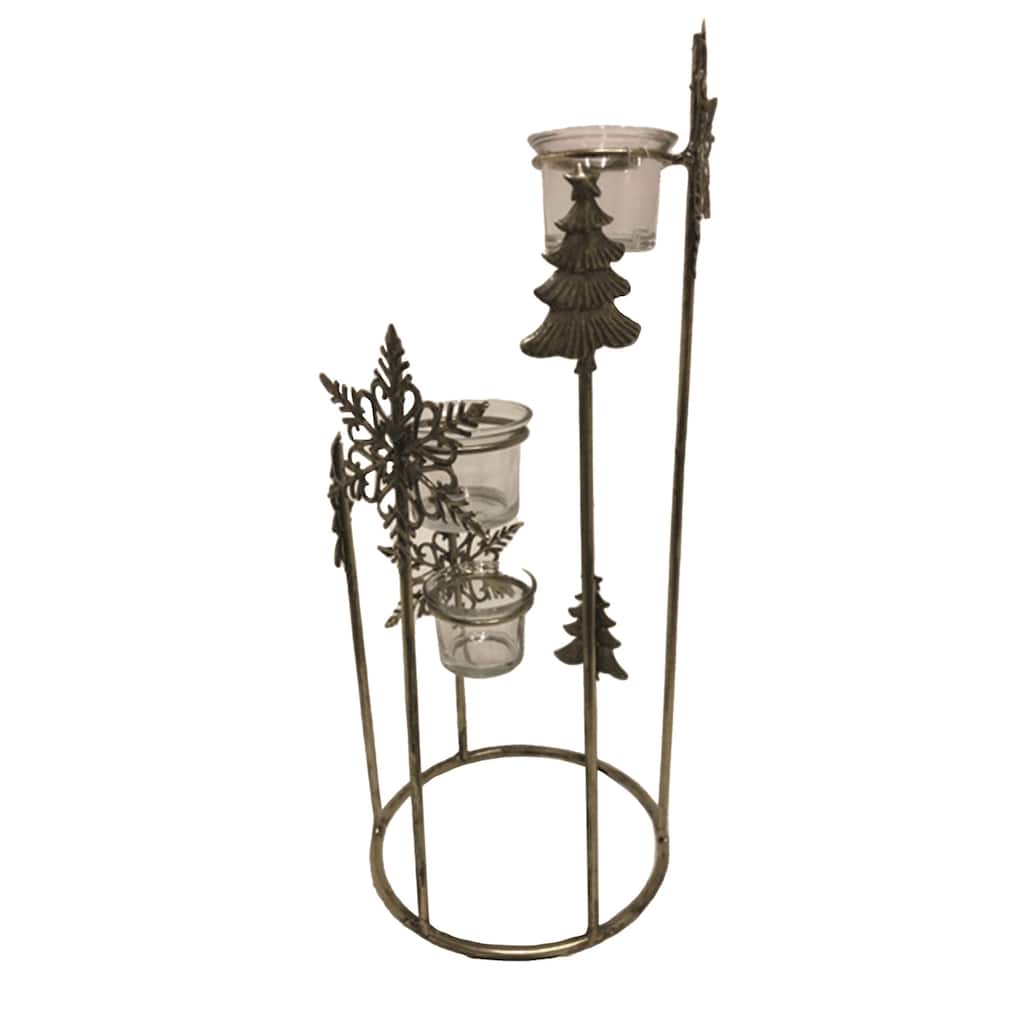 Gold Iron Glass Triple Votive Holder with Snowflake and Pine Accents - 6.5” x 6.5” x 15.75” (L x W x H)