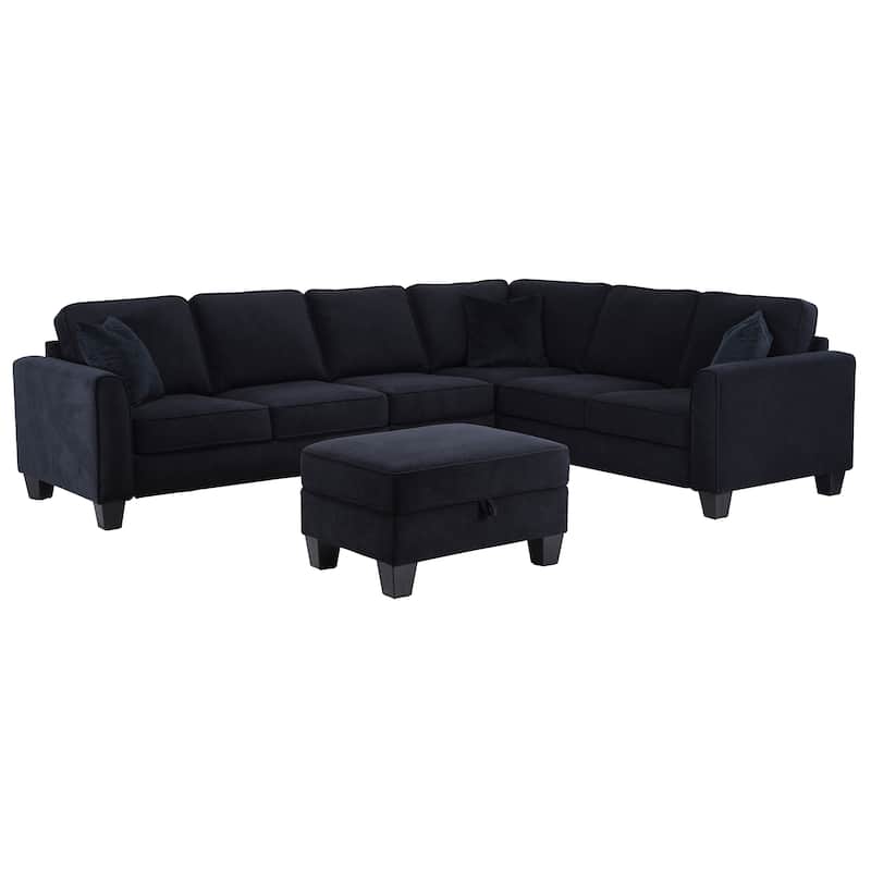 112" Width Black L-Shape Sectional Livingroom Modular Sofa With Storage Ottoman
