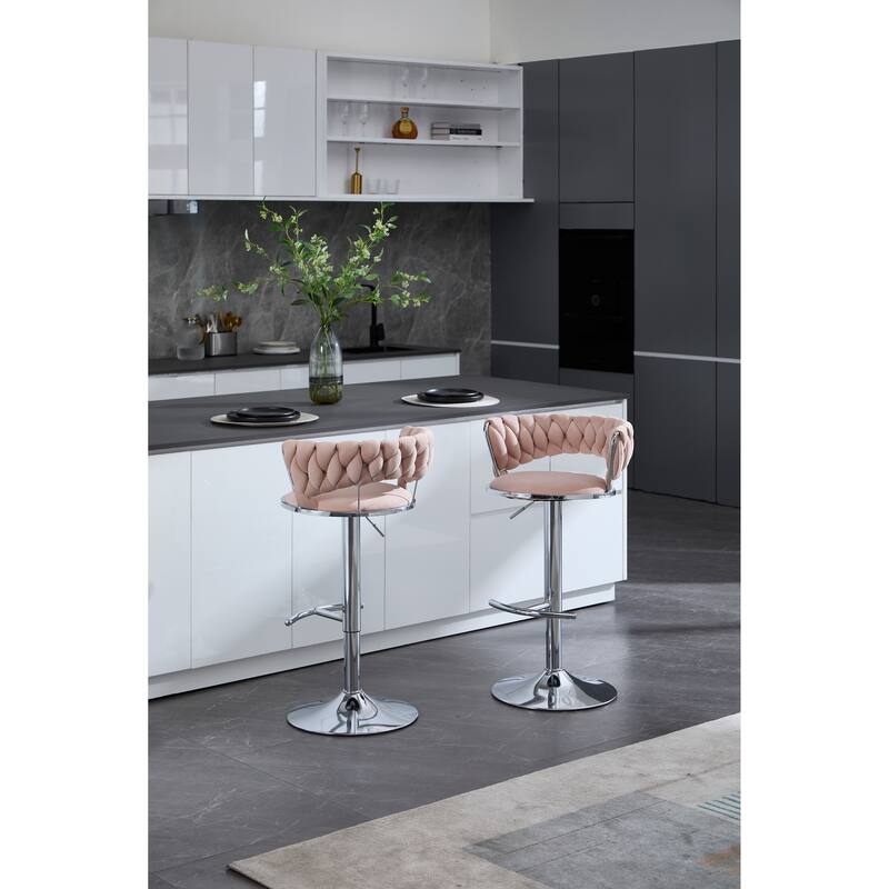 Set of 2 Adjustable Swivel Bar Stools, Pink Velvet with Chrome Footrest & Chrome Legs