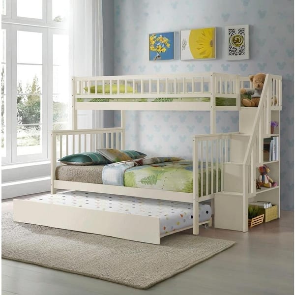 slide 2 of 12, Convertible Bunk Bed with Trundle, Storage, Safety Guardrails, Modern Design for Kids Cream White