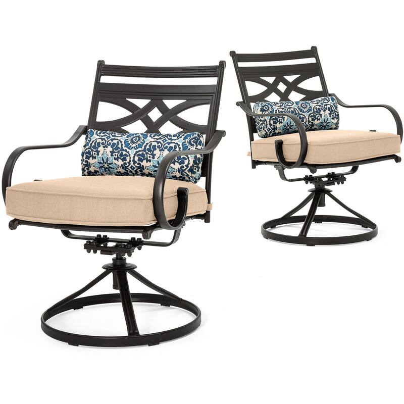 Hanover Montclair 11-Piece Dining Set in Tan with 10 Swivel Rockers and a 60-In. x 84-In. Table