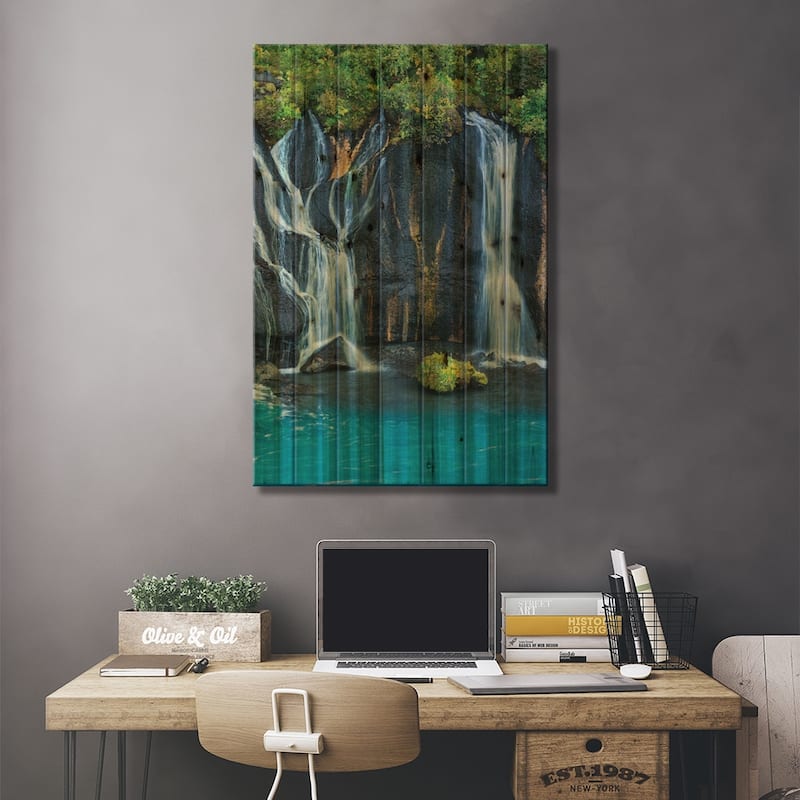 Iceland, Hraunfossar. Tiny cascades emerge from the lava to flow into the Hvita River Print On Wood by Ellen Goff - Multi-Color