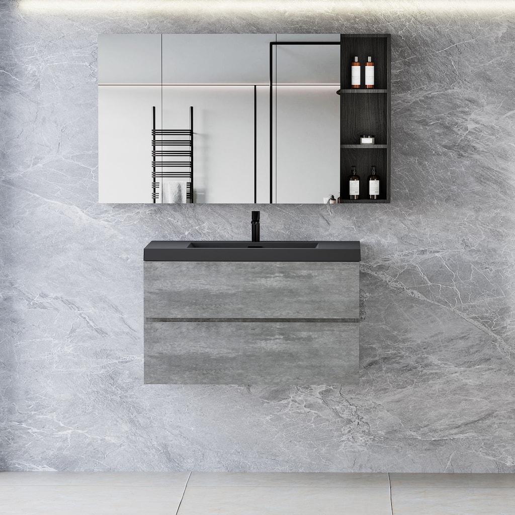 36" Wall-Mounted Floating Vanity with Premium Quartz Sand Basin, Grey Modern Storage Cabinet