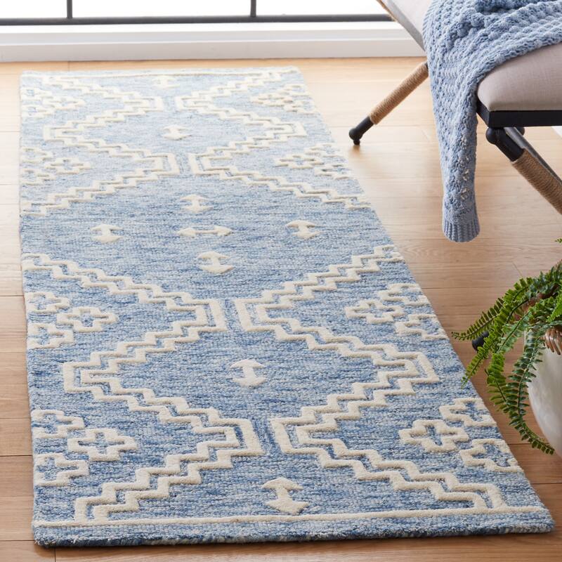 SAFAVIEH Handmade Abstract Ruveyda Modern Wool Rug - 2'3" x 8' Runner - Blue/Ivory