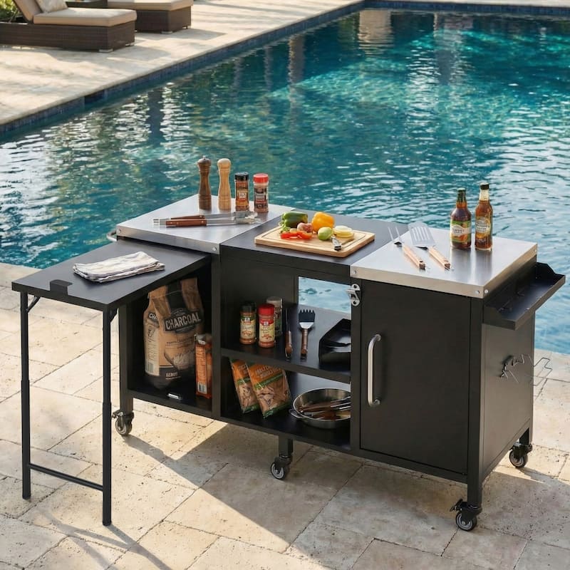 72.4" Outdoor Kitchen Island for Large Big Green Egg,Metal Outdoor Grill Cart with Fold-out Prep Table and Adjustable Shelves - Black