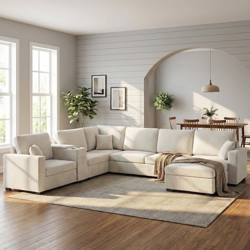 GDFStudio - 134" Modular Chenille U-Shape 5-Seat Sectional Sofa with Storage - Beige