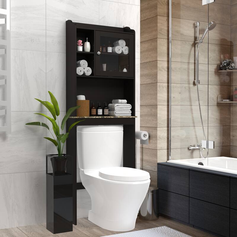 Over The Toilet Storage Cabinet with Open Shelves, Side Floor Organizer Toilet Paper Cabinet with Glass Door