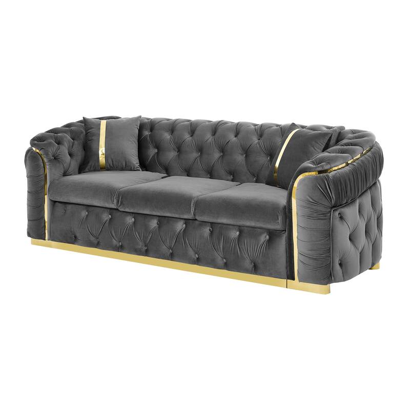 90.6" Velvet 3-Seater Sofa with 2 Pillows High-Density Cushions, Gold Accents, and Pillows
