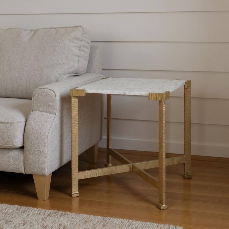 HomeRoots 20" White and Gold Distressed Marble and Iron Square End Table - 18.00 in. x 20.00 in. x 18.00 in. - White - Marble