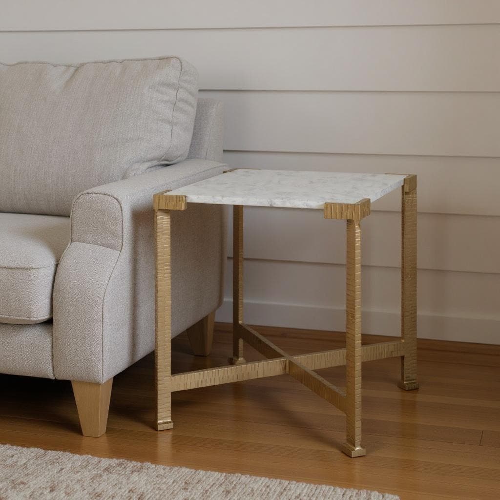 HomeRoots 20" White and Gold Distressed Marble and Iron Square End Table - 18.00 in. x 20.00 in. x 18.00 in.