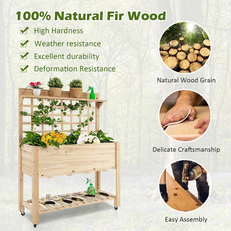 Gymax Raised Garden Bed Mobile Elevated Wooden Planter Box w/ Wheels