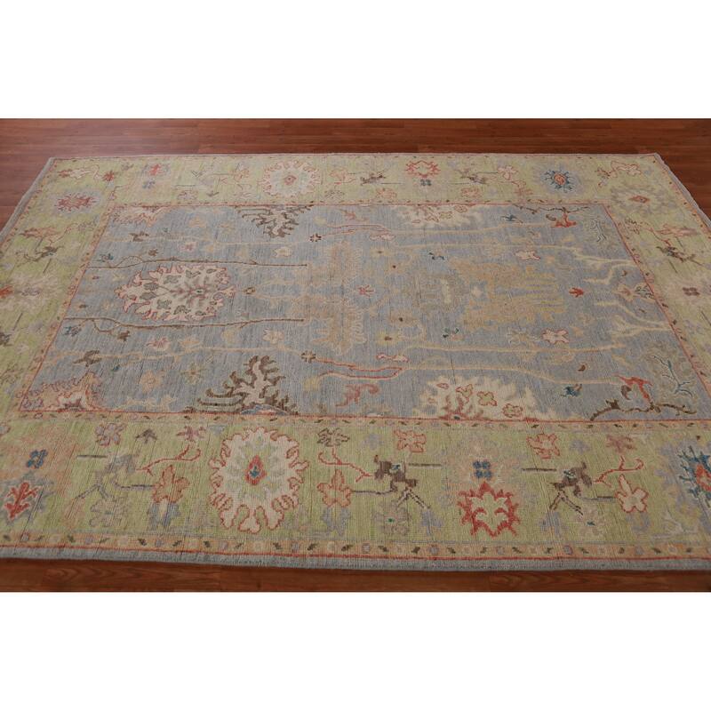 Hand Knotted Oriental 100% Wool Carpet Transitional All-Over Navy Blue & Blues Oushak Area Rug - 8' 11'' X 6' 1''
