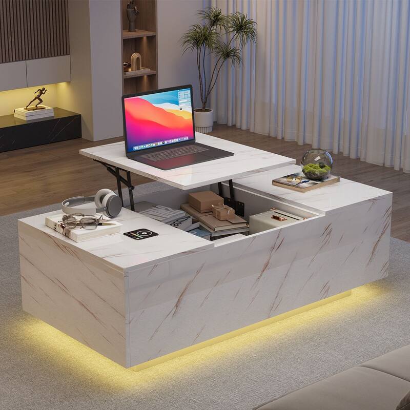 47.2" LED Lift Top Coffee Table with Wireless Charging & Bluetooth Speaker, Smart Storage Drawer, RGB Lights