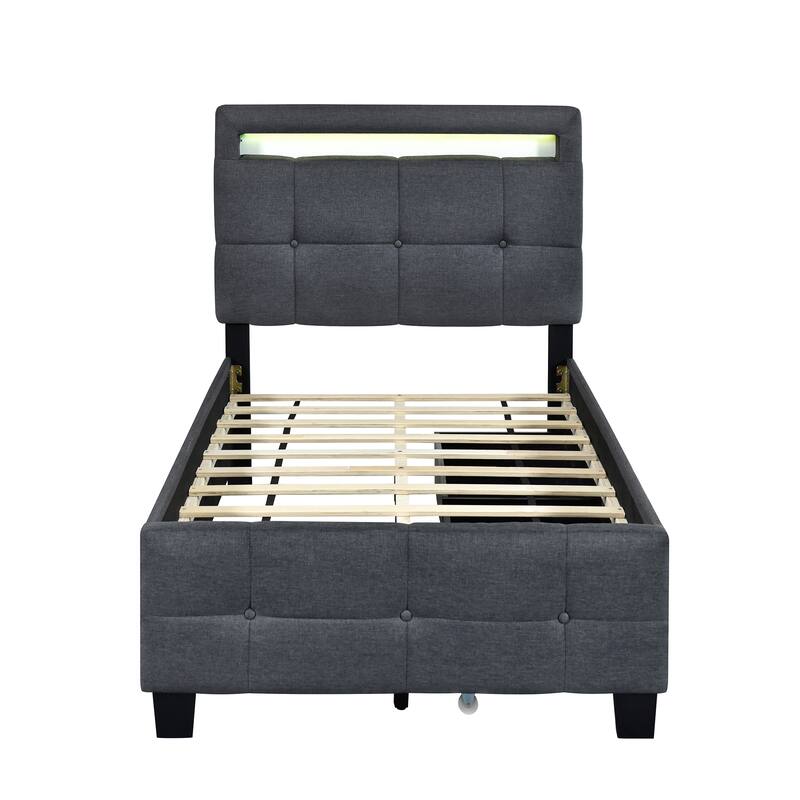 Upholstered Platform Bed with LED Frame and 2 Drawers