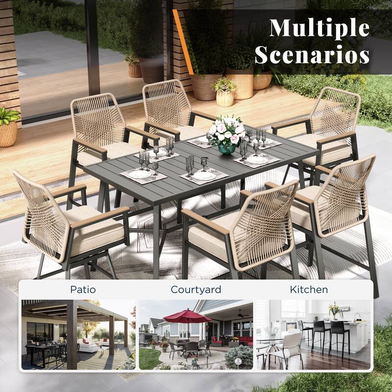 7-Piece Outdoor Patio Wicker Bar Counter Height Stool Set with Back and Cushion