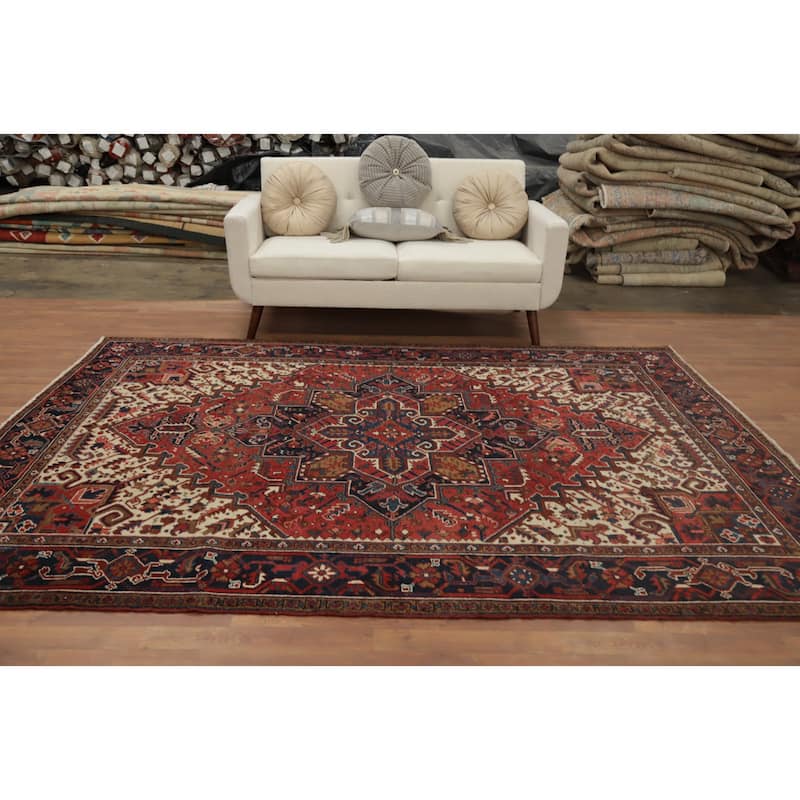 Hand Knotted Oriental 100% Wool Carpet Traditional Medallion Oranges & Rust Heriz Area Rug - 9' 5'' X 7' 2''