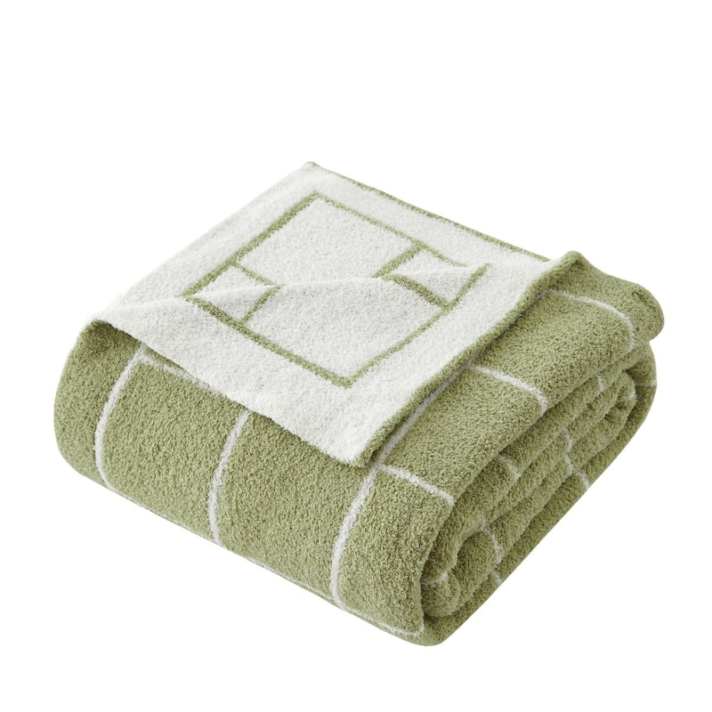 HomeRoots 50" X 60" Green and White Fleece Knitted Geometric Plush Throw Blanket