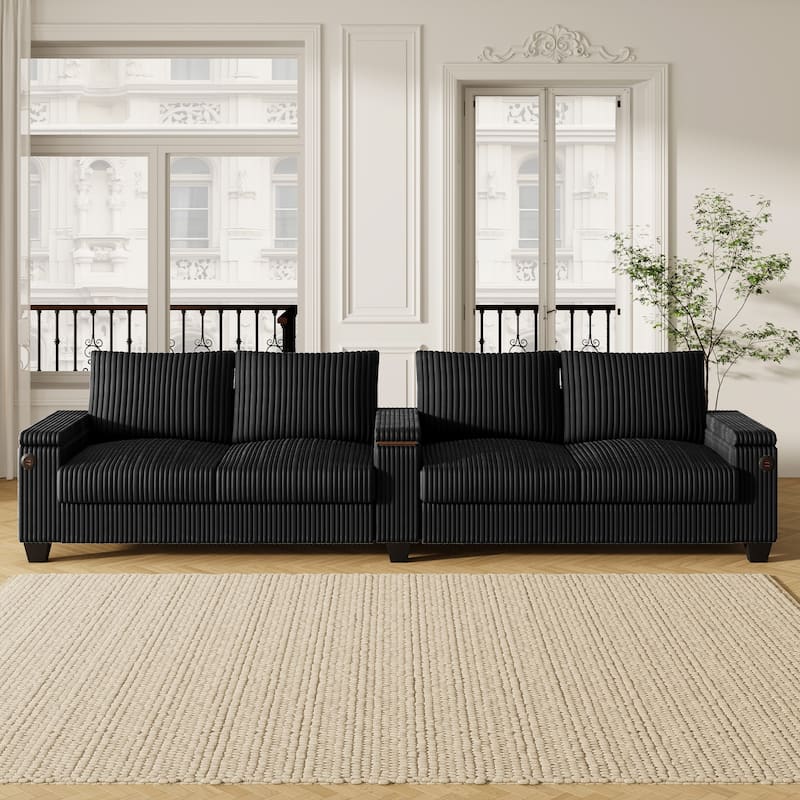 4-seater Corduroy Sofa with Storage, Cup Holders, USB Ports, 133" Length, Black
