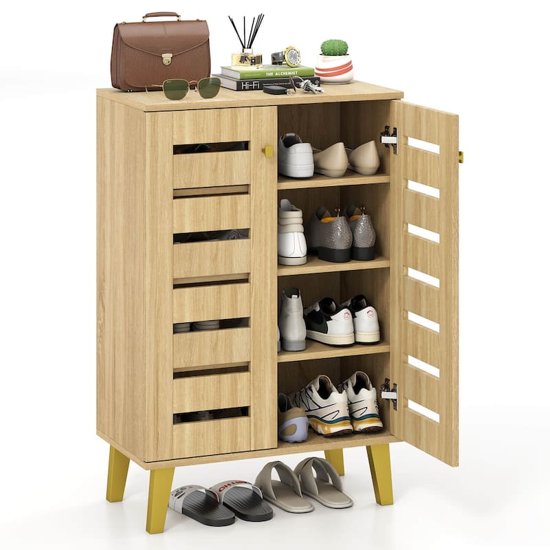 Costway 4-Tier Wooden Shoe Storage Cabinet with Doors Removable - Natural - See Details - Natural - See Details