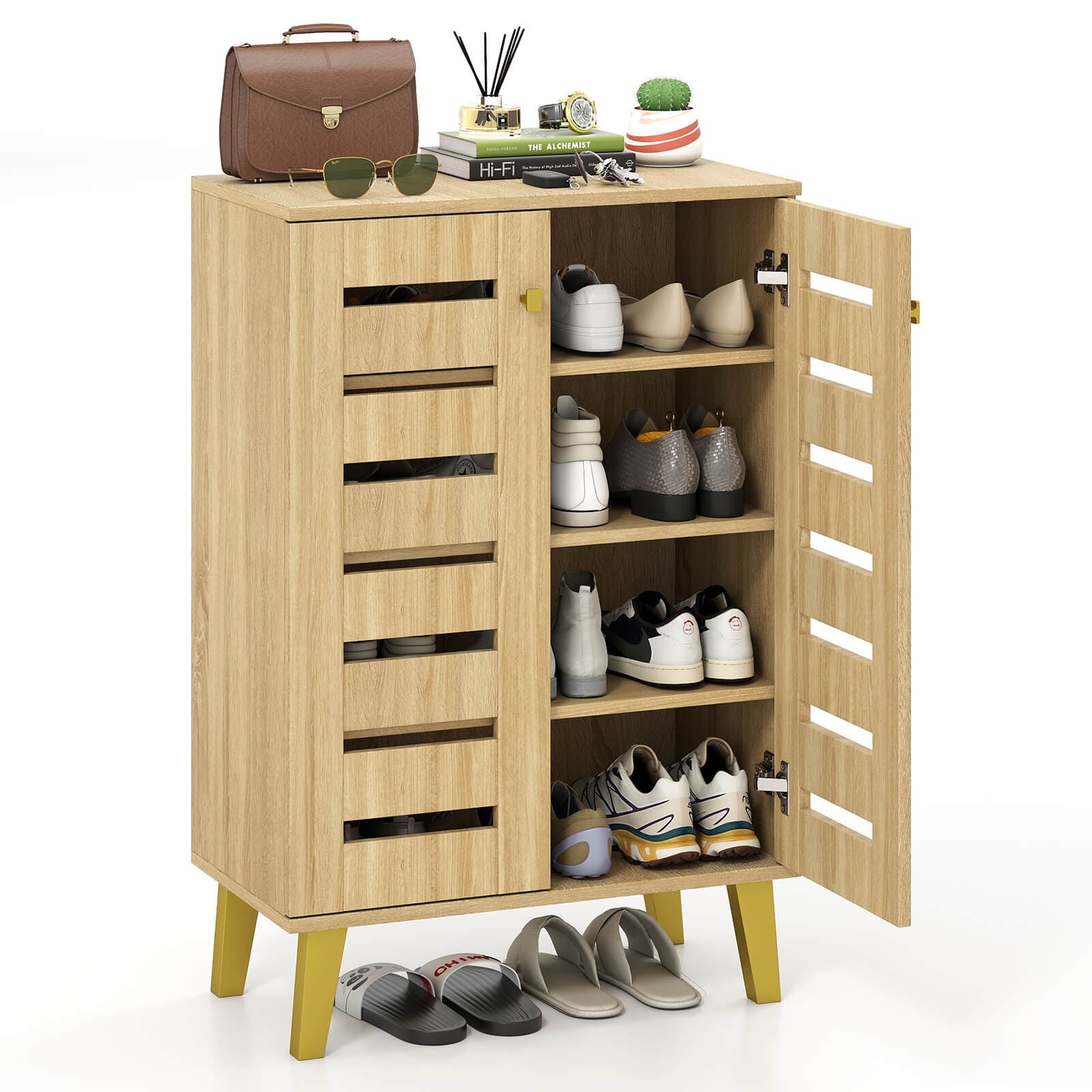 Costway 4-Tier Wooden Shoe Storage Cabinet with Doors Removable - See Details