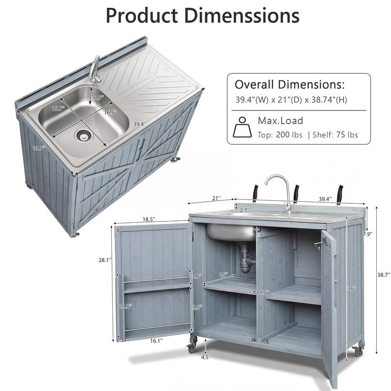 40" Outdoor Kitchen Island 2-Piece Set with 304 Sink, Faucet & Storage