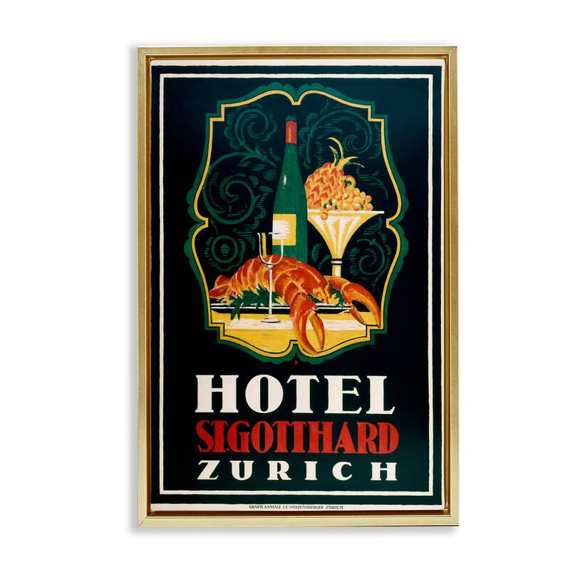 Stupell Vintage Hotel Zurich with Lobster Framed Floater Canvas Wall Art Design By Marcus Jules - 17 x 25 - Gold
