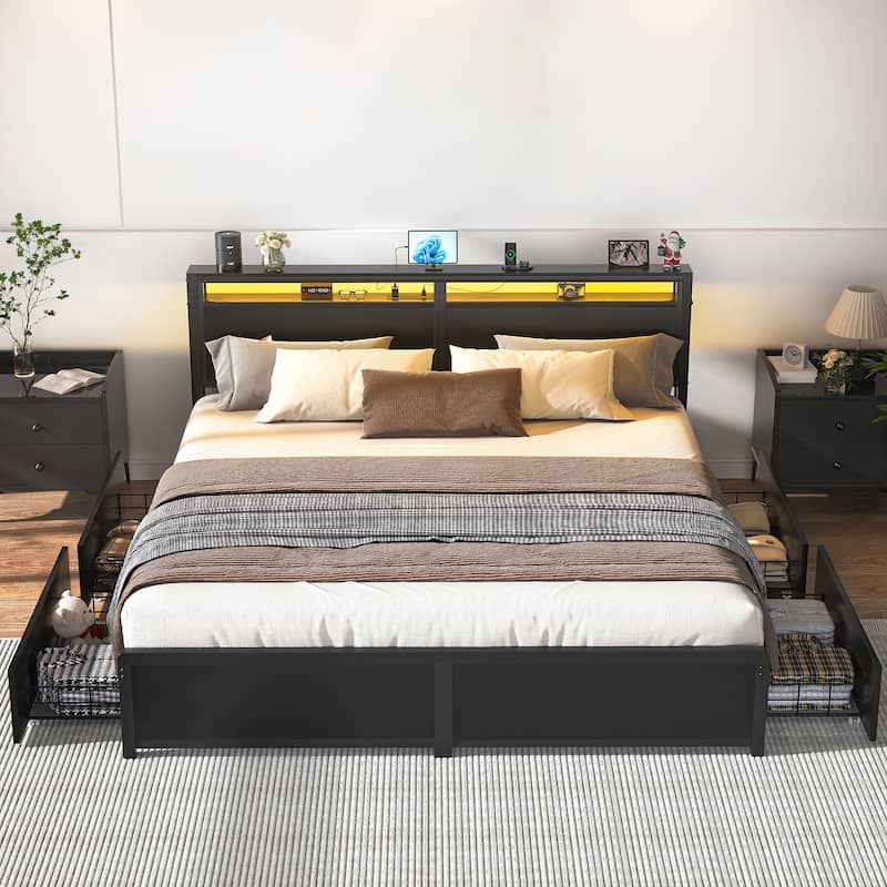 Platform Bed with Hiden Drawers, Bed Frame with Headboard and Charging Station