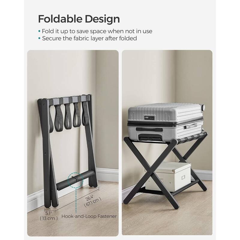 Wood Luggage Rack with Shelf Foldable Suitcase Stand with Nylon Straps for Guest Room or Hotel