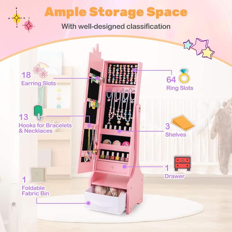 Kids Jewelry Cabinet Standing Armoire Organizer W/Storage Drawers