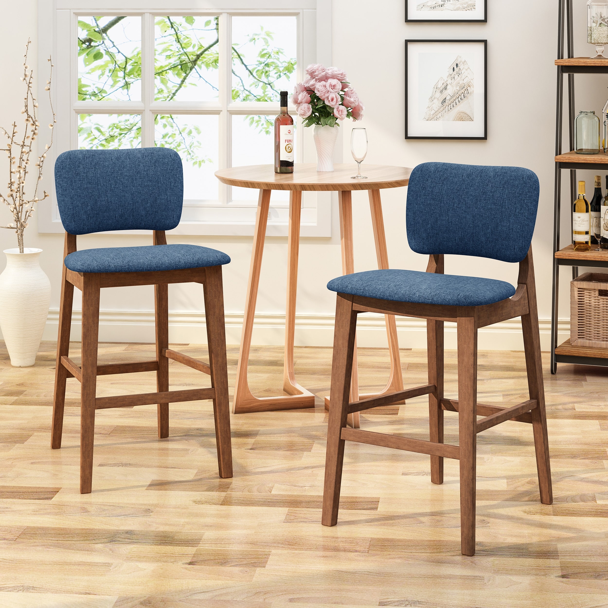 Mid-Century Modern Bar Stools, Rubber Wood Set of 2