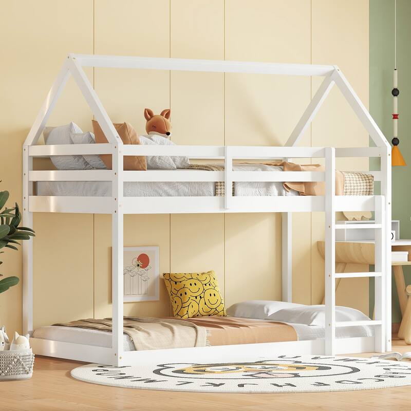 White Twin over Twin House-Shaped Bunk Bed with Ladder, Guardrails, and Low Height Design