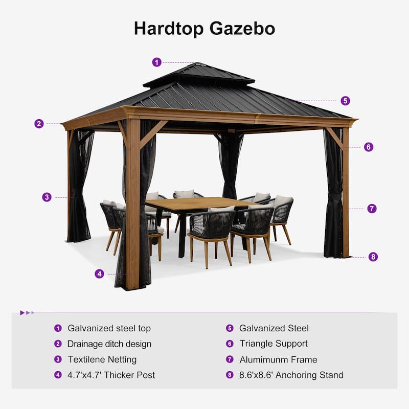 PURPLE LEAF Hardtop Gazebo Galvanized Steel Roof Gazebo Pergola w Wooden Coated Alumninum Frame and Mosquito Net