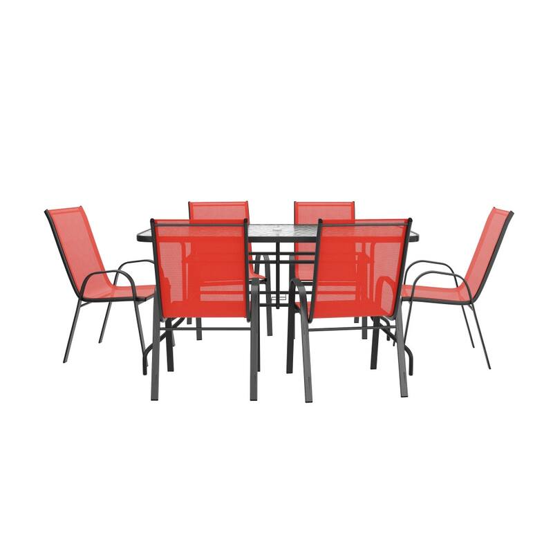 7-Piece Rippled Glass Outdoor Patio Table and Stacking Chairs Set
