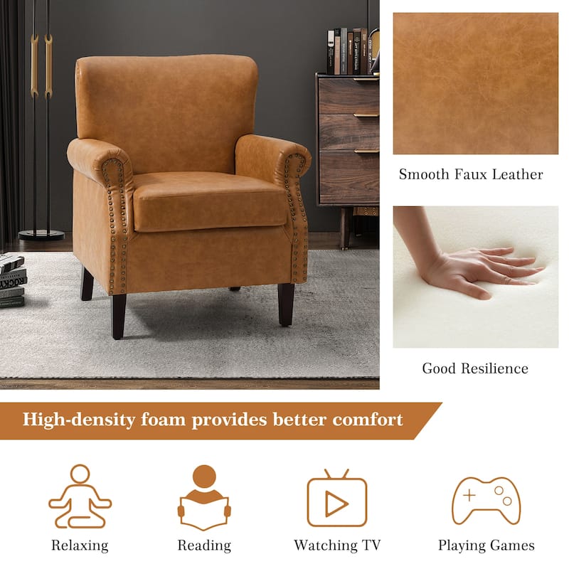 Levi Transitional Leather Armchair with Nailhead Trim Rolled Arms by HULALA HOME