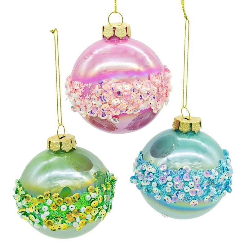 Kurt Adler 80MM Glass Pink, Blue and Green Glittered Ball Ornaments, 6-Piece Box
