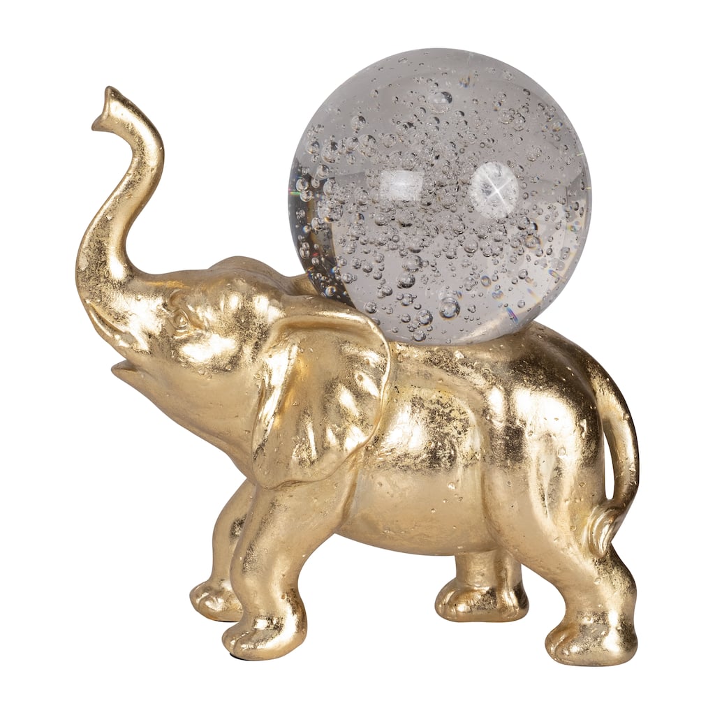 Sagebrook Home Gold Resin 9-Inch Elephant With Crystal Ball - Enchanting Polyresin Sculpture Decor Piece - 9" x 5" x 9"