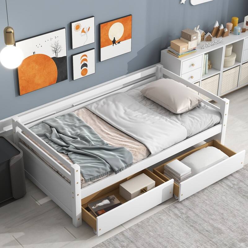 Twin Size Wooden Daybed with two Storage Drawers - White