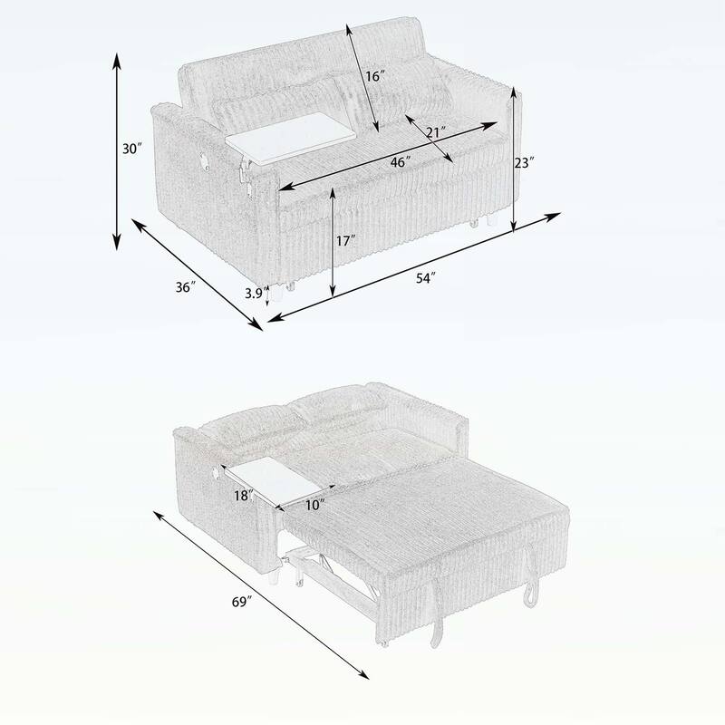 Pull-Out and Push-In Sofa with Movable Tabletop and USB Ports, Ideal for Living Rooms and Bedrooms
