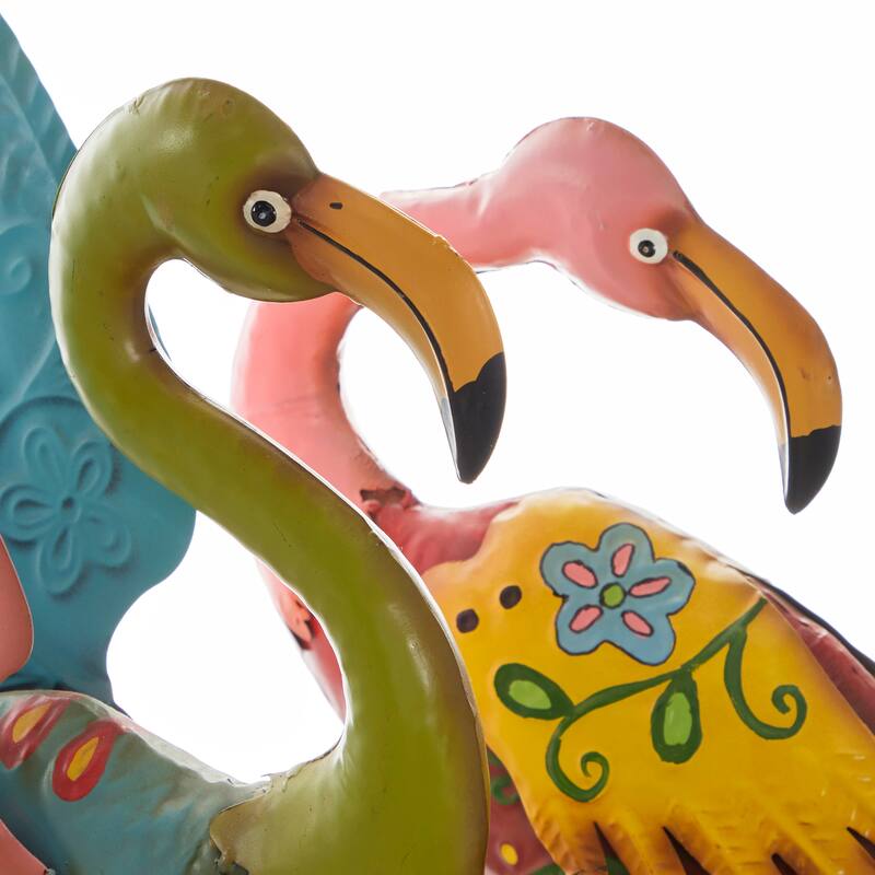 Multi Colored Metal Indoor Outdoor Embossed Standing Flamingo Decorative Garden Sculpture with Coiled U Shaped Feet (Set of 2)