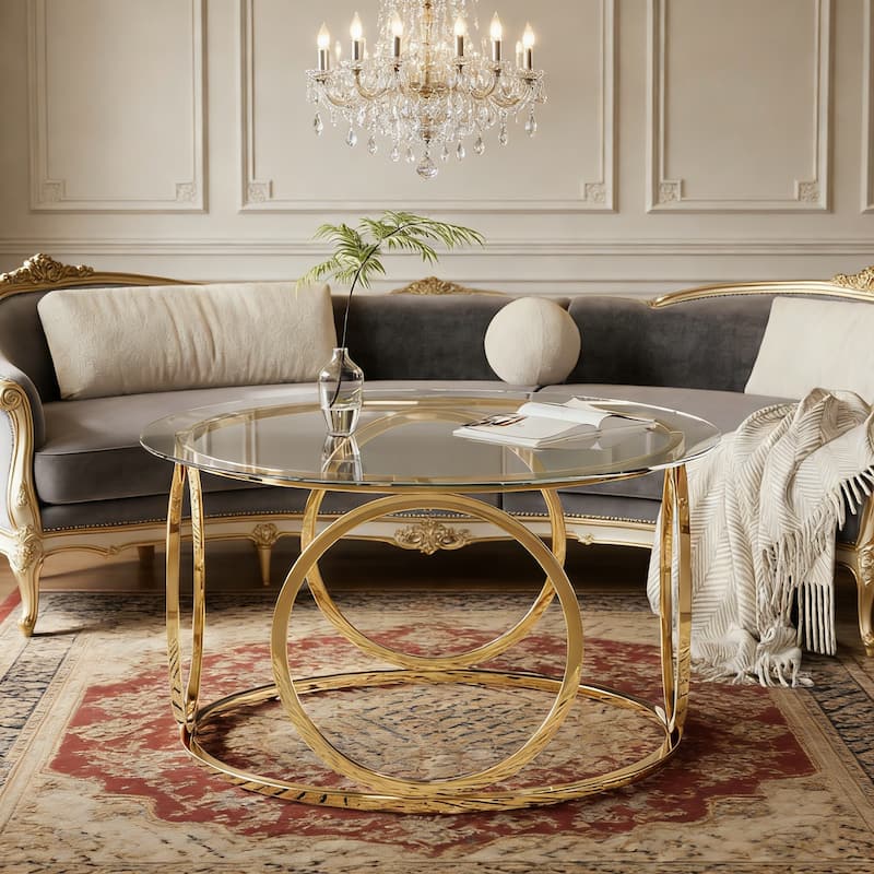 31.5" Modern Round Glass Top Coffee Table with Circular Metal Frame